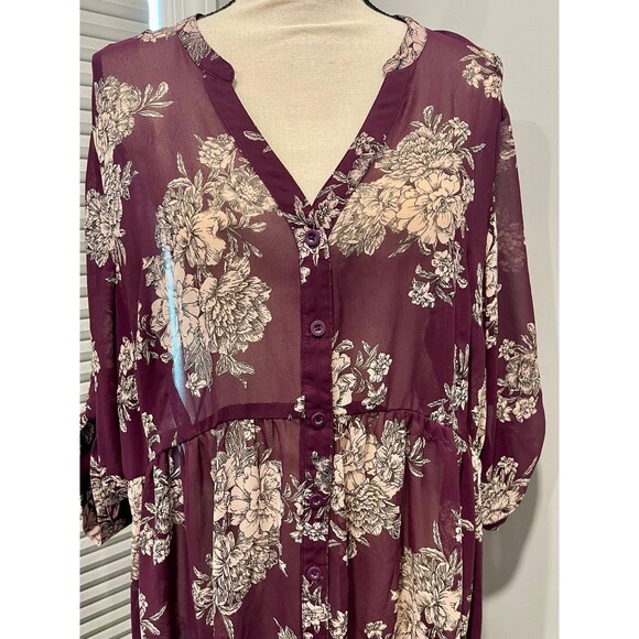 Torrid Floral Chiffon Hi-Low Button Down V-Neck Tunic Purple/Maroon Size 2 - Picture 4 of 7